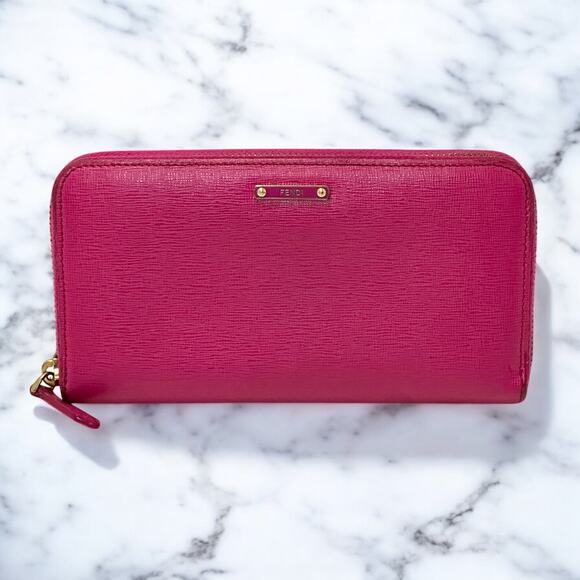 Authentic FENDI Crayons Long Wallet Continental Zip Around Hot Pink Glamour